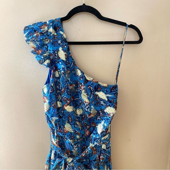 Karina Grimaldi Letitzia Dress LUREX print chiffon blue gold Sz S NWT $306 - Picture 6 of 11